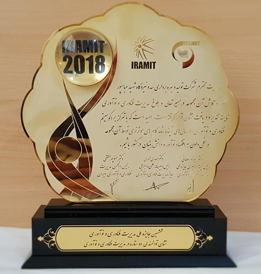 دریافت نشان توانمندی یک ستاره در ششمین دوره جایزه ملی مدیریت فناوری و نوآوری  